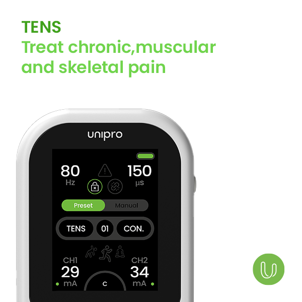 Tenscare Unipro dispositivo elettroterapia TENS EMS 4 terapie
