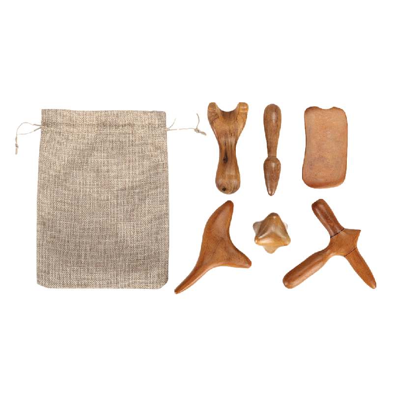 Fiziosan Set Massaggio Legno Sandalo 6 Pezzi con Custodia Gua Sha