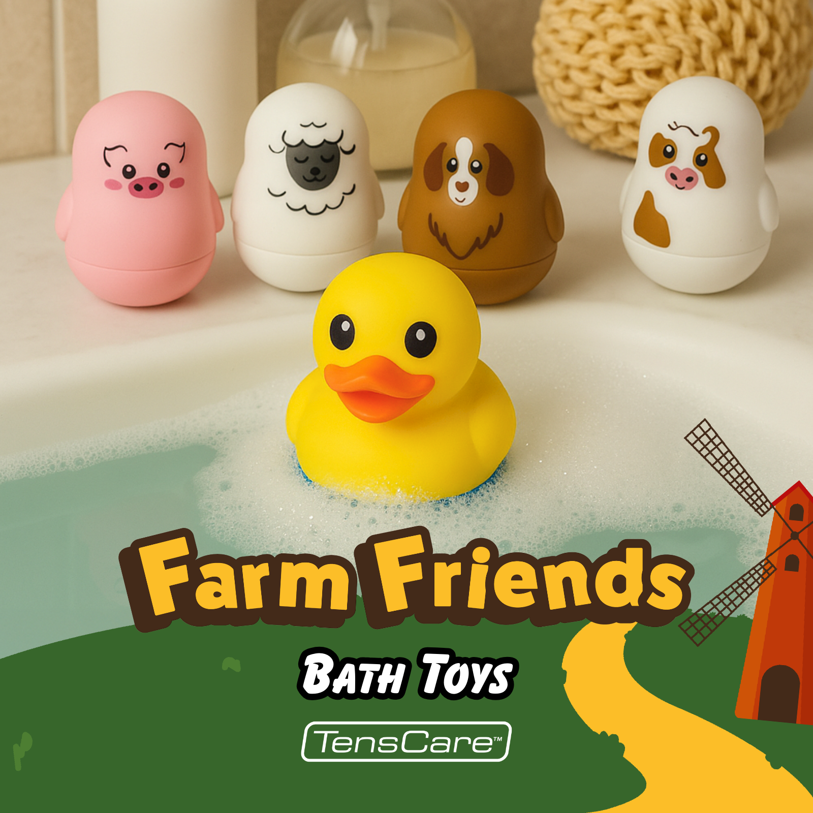 Tenscare Farm Friends giochi bagnetto 5 pezzi con termometro LCD